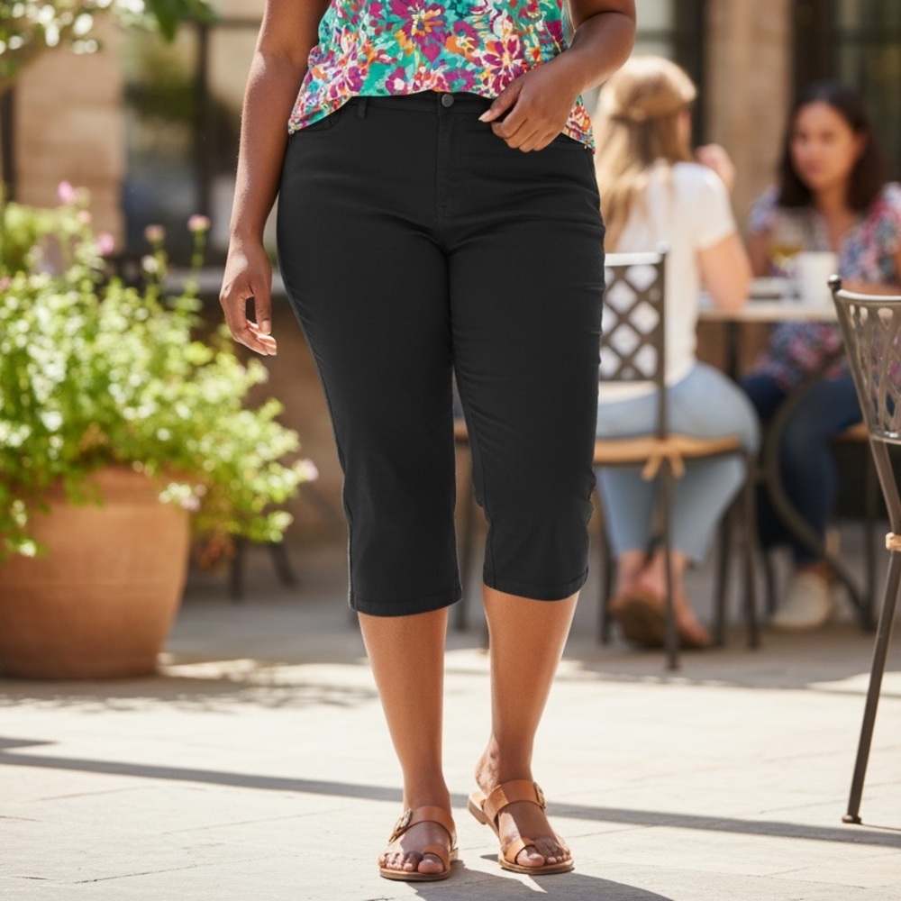 M COLLECTION BLACK CAPRI PANTS Size 14W Plus Size Solid Color Neutral